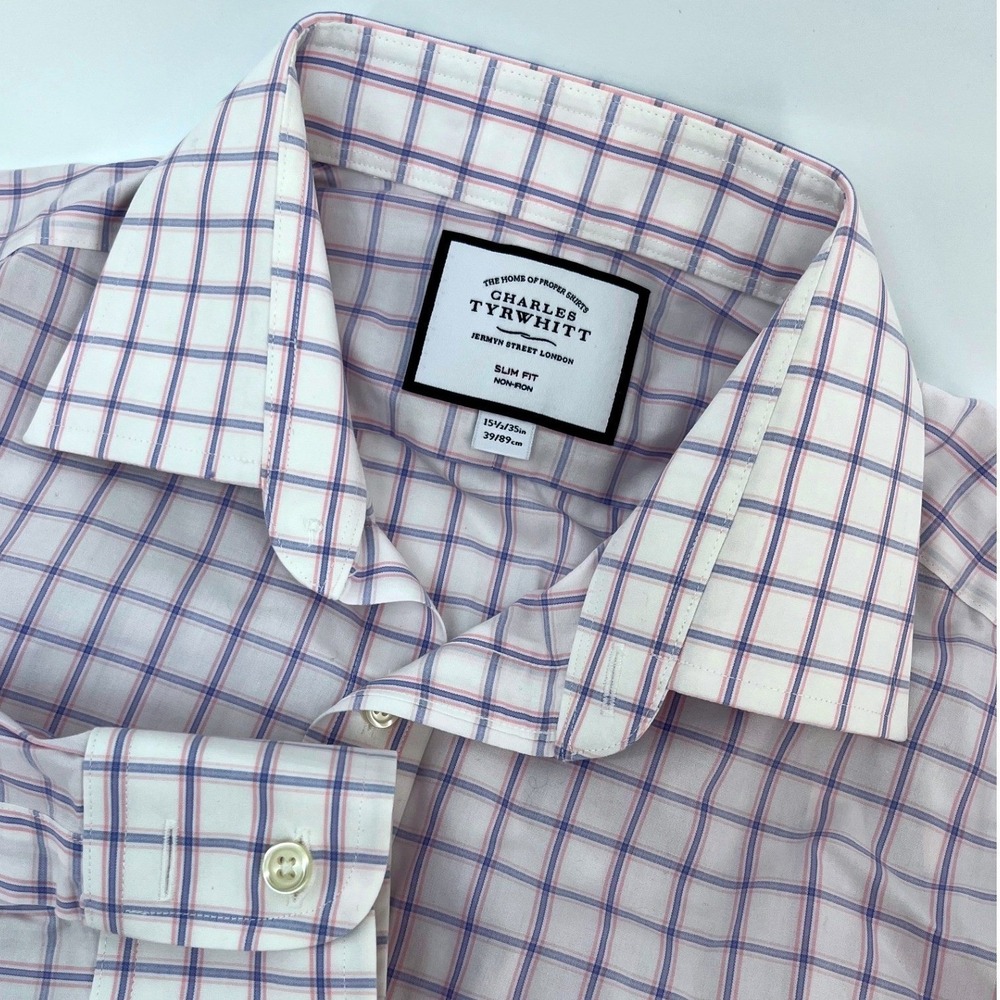 Charles Tyrwhitt Dress Shirt Mens 15.5/35 White Pink Blue Tattersall Slim Fit